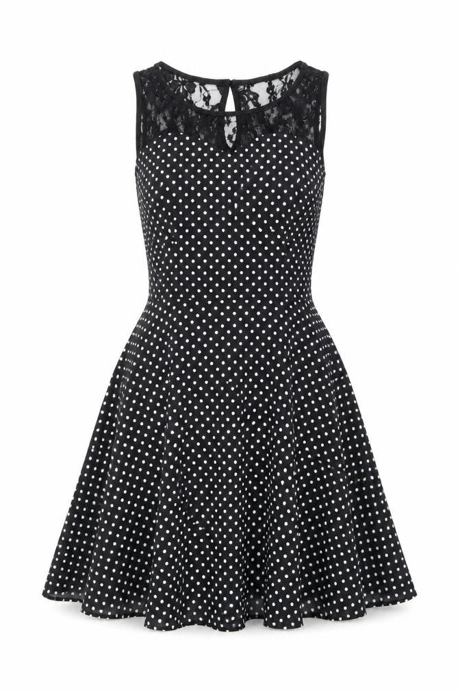 Bbonlinedress Womens Black Polka Dot Cotton Skater Dress Size XS Boat Neck Zip - Lace Neckline Detail