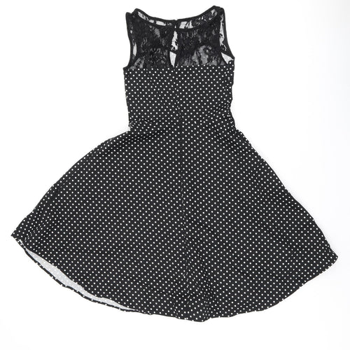 Bbonlinedress Womens Black Polka Dot Cotton Skater Dress Size XS Boat Neck Zip - Lace Neckline Detail
