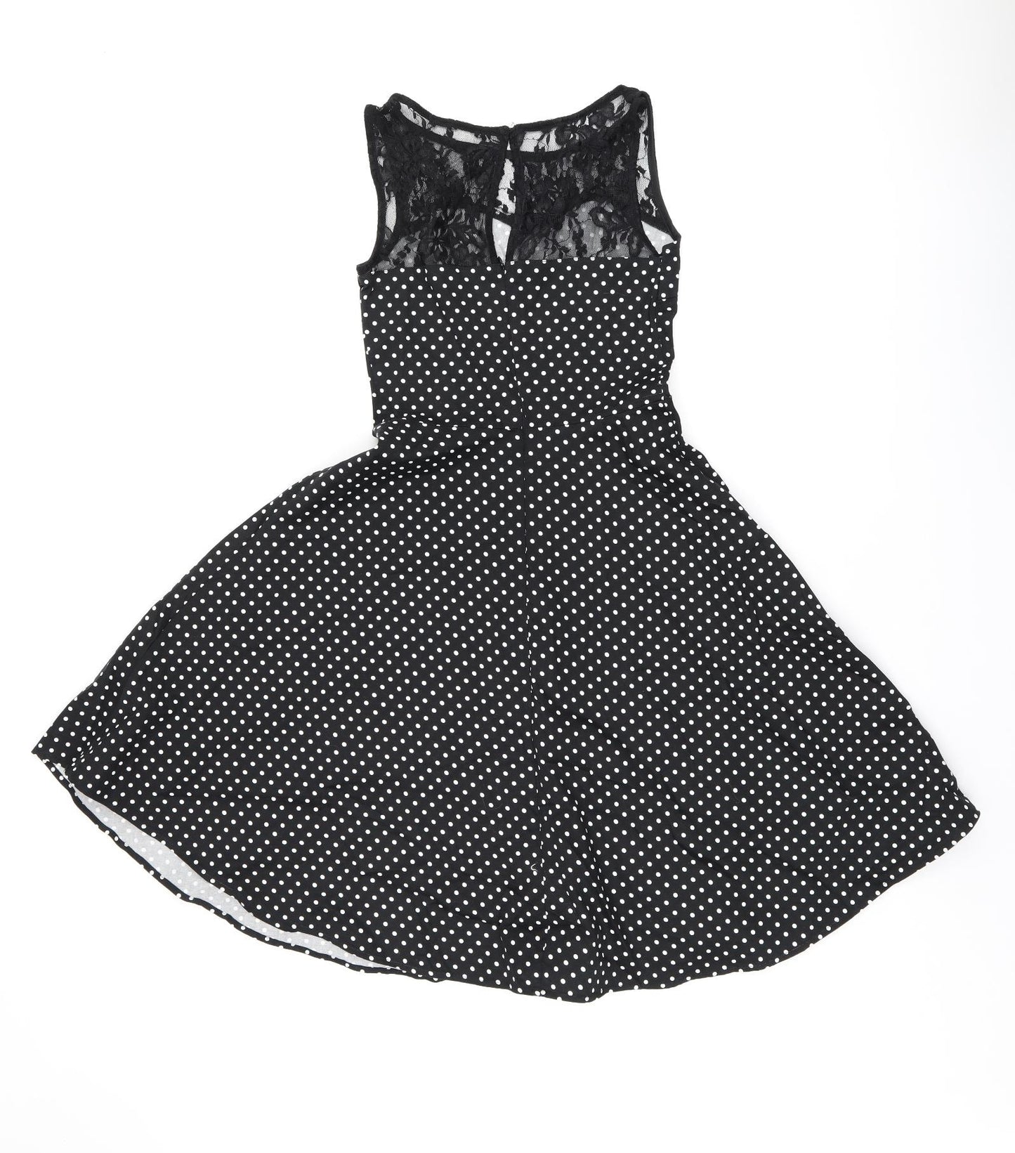 Bbonlinedress Womens Black Polka Dot Cotton Skater Dress Size XS Boat Neck Zip - Lace Neckline Detail