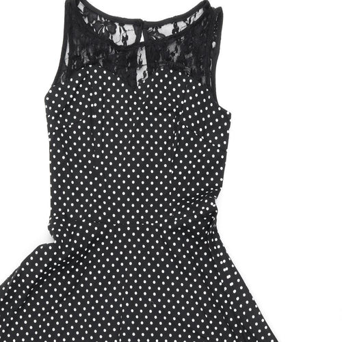 Bbonlinedress Womens Black Polka Dot Cotton Skater Dress Size XS Boat Neck Zip - Lace Neckline Detail