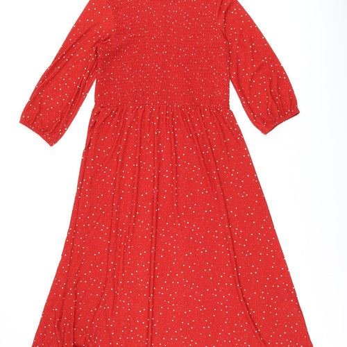 Damart Womens Red Polka Dot Polyester A-Line Size 12 Round Neck Pullover - Shirred