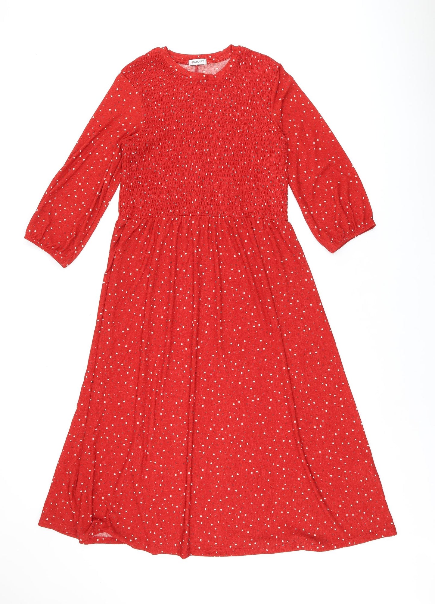 Damart Womens Red Polka Dot Polyester A-Line Size 12 Round Neck Pullover - Shirred