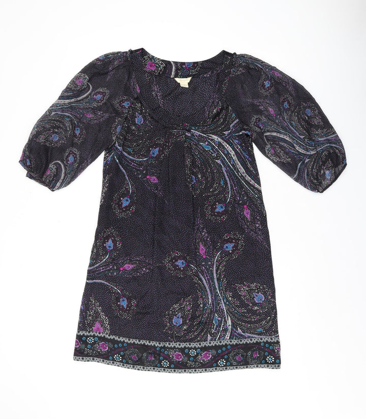 Monsoon Womens Black Geometric Silk A-Line Size 8 Scoop Neck Pullover