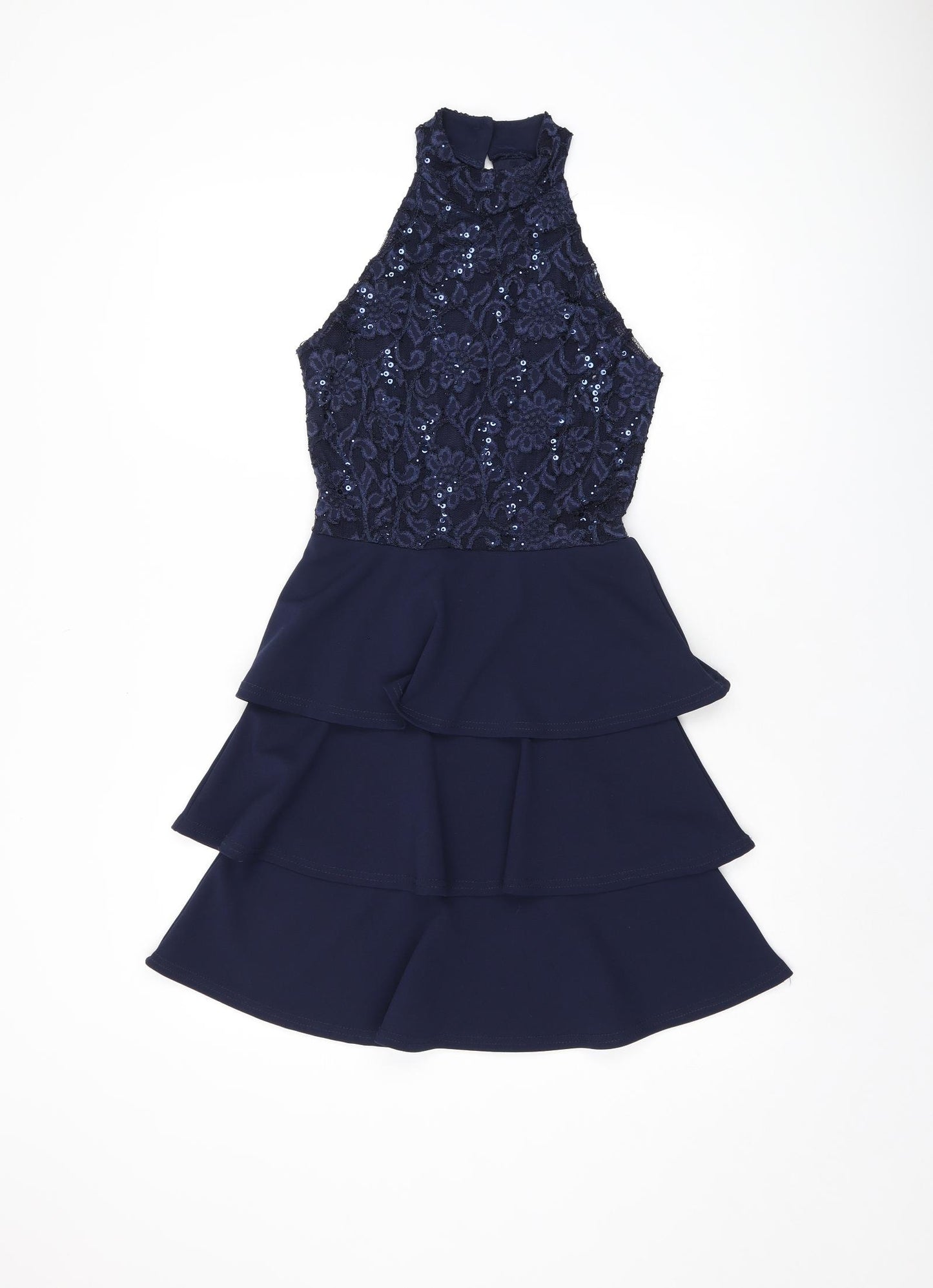 Quiz Womens Blue Floral Polyester Mini Size 6 Halter Button - Lace, Sequin Detail