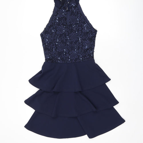 Quiz Womens Blue Floral Polyester Mini Size 6 Halter Button - Lace, Sequin Detail