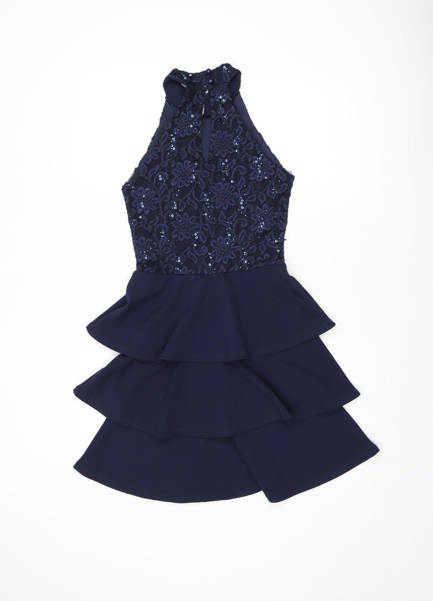 Quiz Womens Blue Floral Polyester Mini Size 6 Halter Button - Lace, Sequin Detail