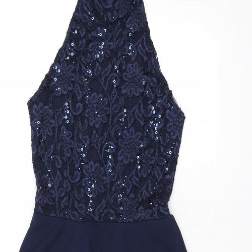 Quiz Womens Blue Floral Polyester Mini Size 6 Halter Button - Lace, Sequin Detail
