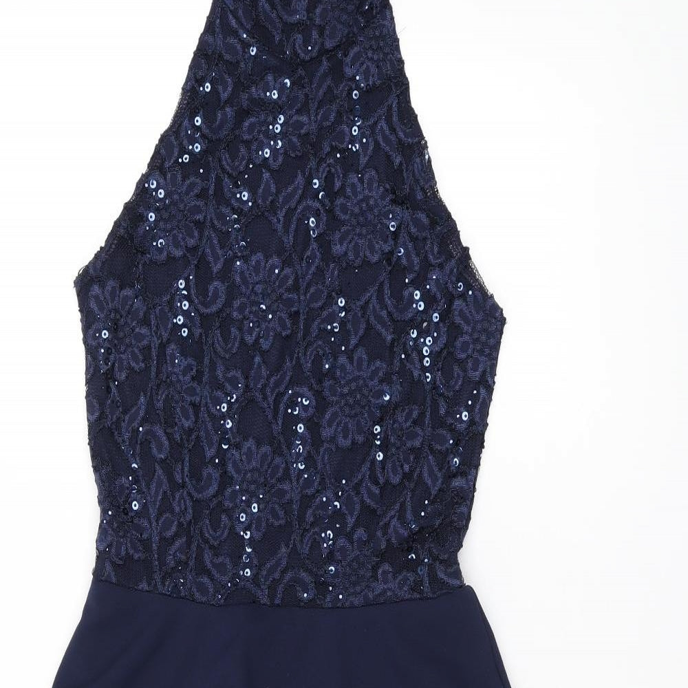 Quiz Womens Blue Floral Polyester Mini Size 6 Halter Button - Lace, Sequin Detail