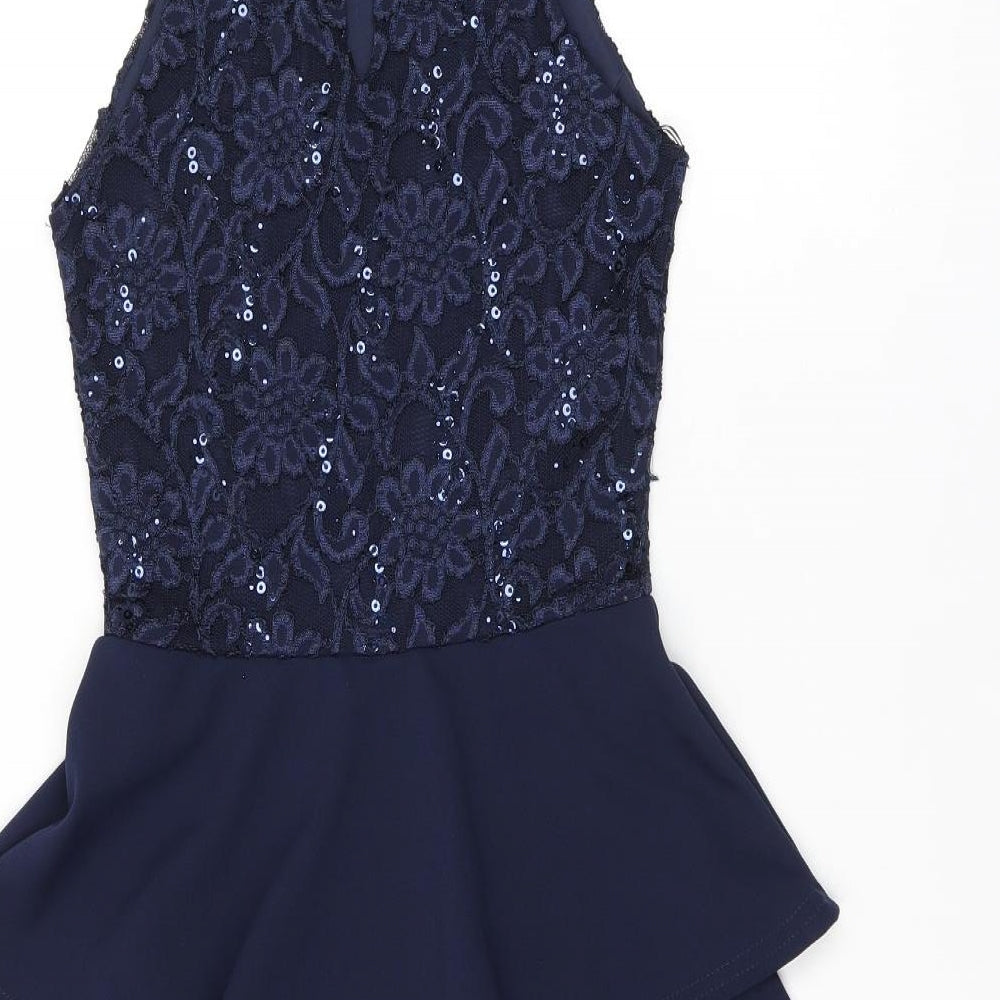 Quiz Womens Blue Floral Polyester Mini Size 6 Halter Button - Lace, Sequin Detail