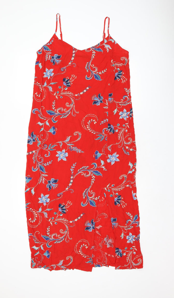 Marks and Spencer Womens Red Floral Viscose Tank Dress Size 10 V-Neck Pullover - Slit