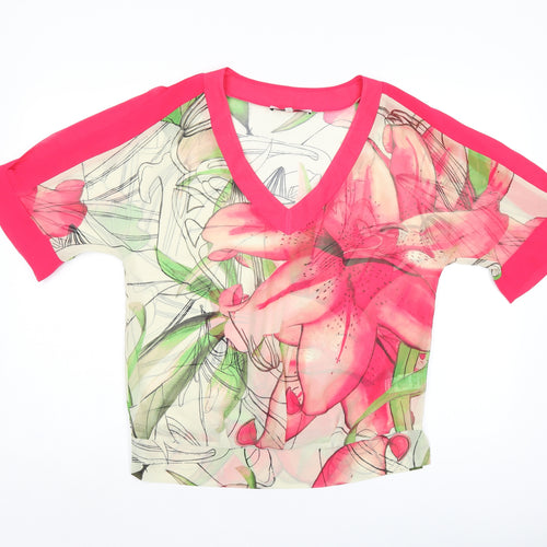 NEXT Womens Pink Floral Polyester Basic Blouse Size 6 V-Neck - Cold Shoulder, Sheer