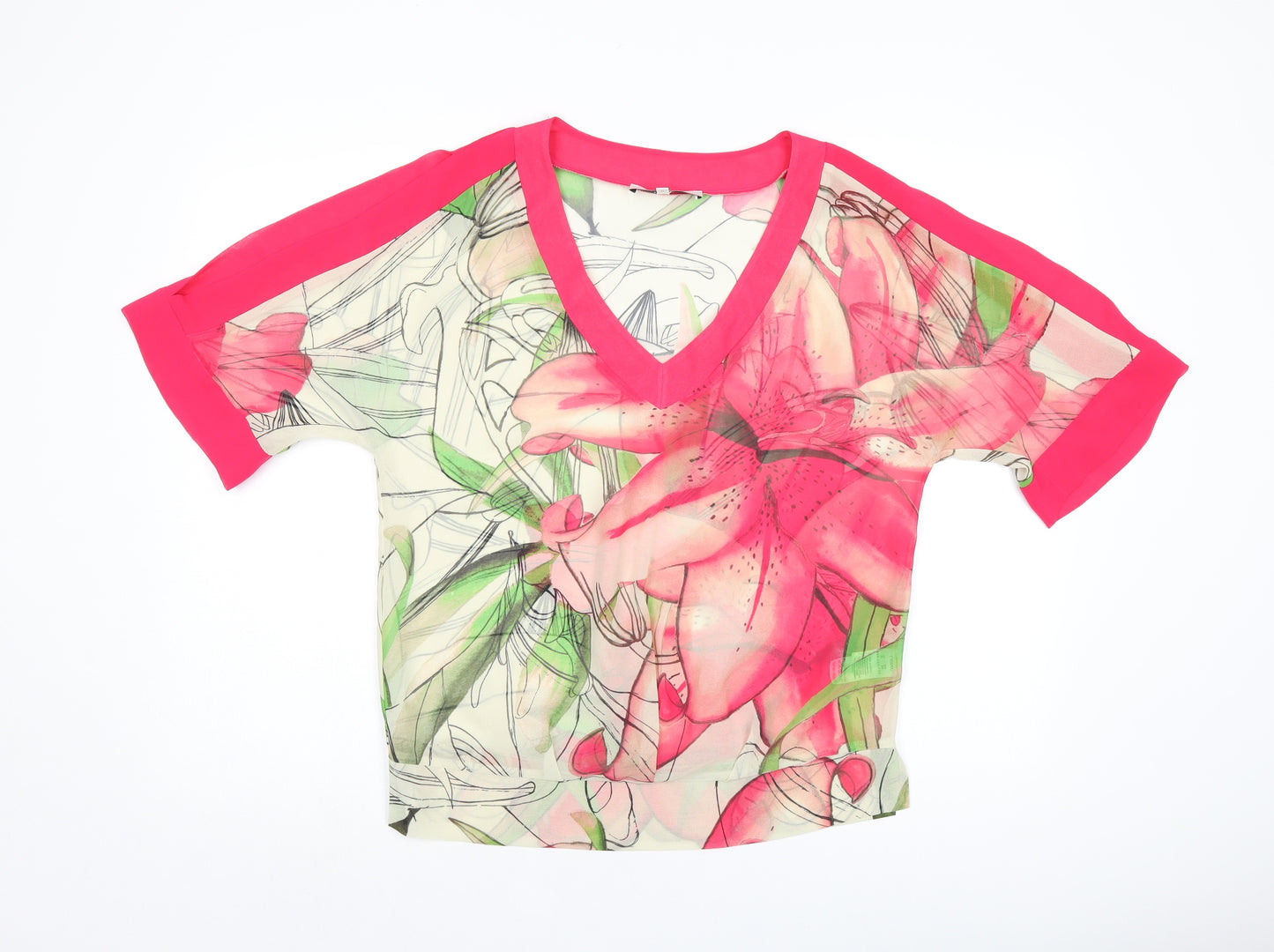 NEXT Womens Pink Floral Polyester Basic Blouse Size 6 V-Neck - Cold Shoulder, Sheer