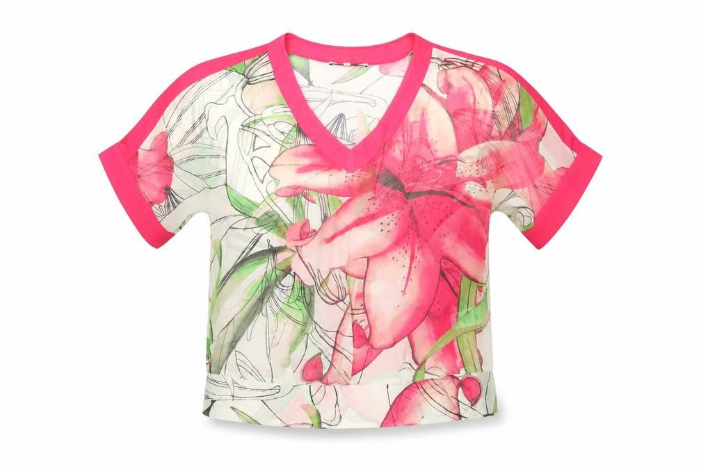 Front view of Next women’s pink floral polyester basic blouse, size UK 6, v-neck - cold shoulder, sheer