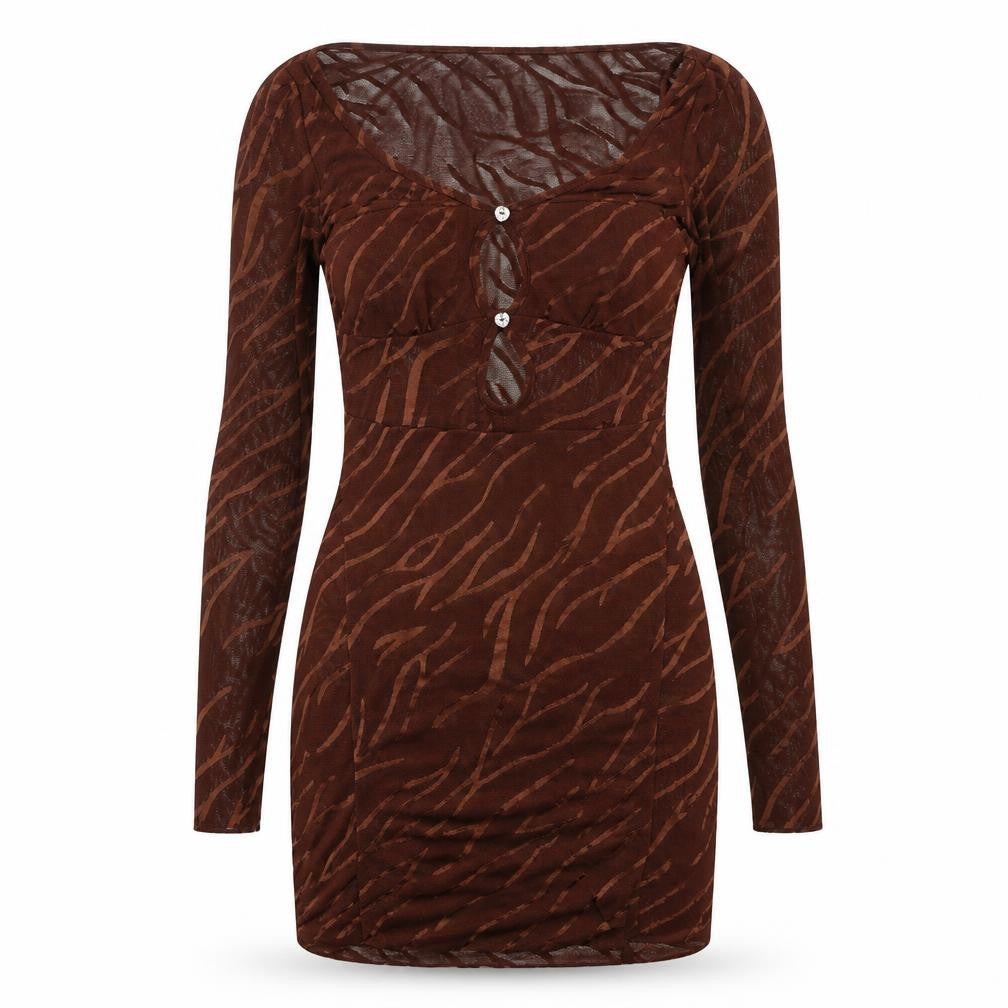 Front view of EI8TH HOUR women’s brown geometric polyester bodycon, size UK 10, scoop neck pullover