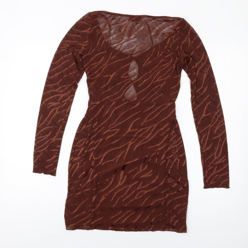 EI8TH HOUR Womens Brown Geometric Polyester Bodycon Size 10 Scoop Neck Pullover