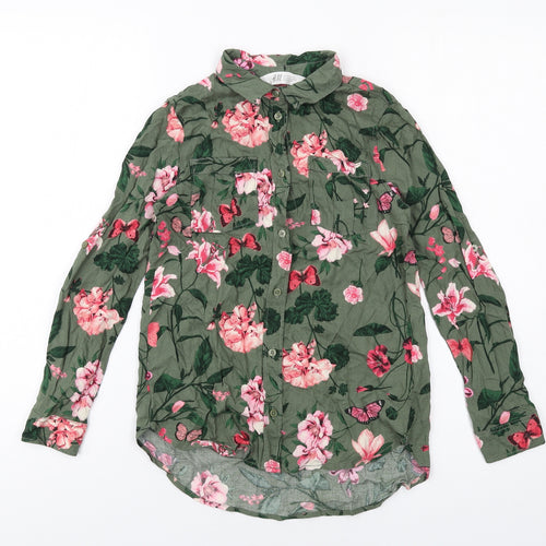 H&M Girls Green Floral Vinyl Basic Button-Up Size 9-10 Years Collared Button