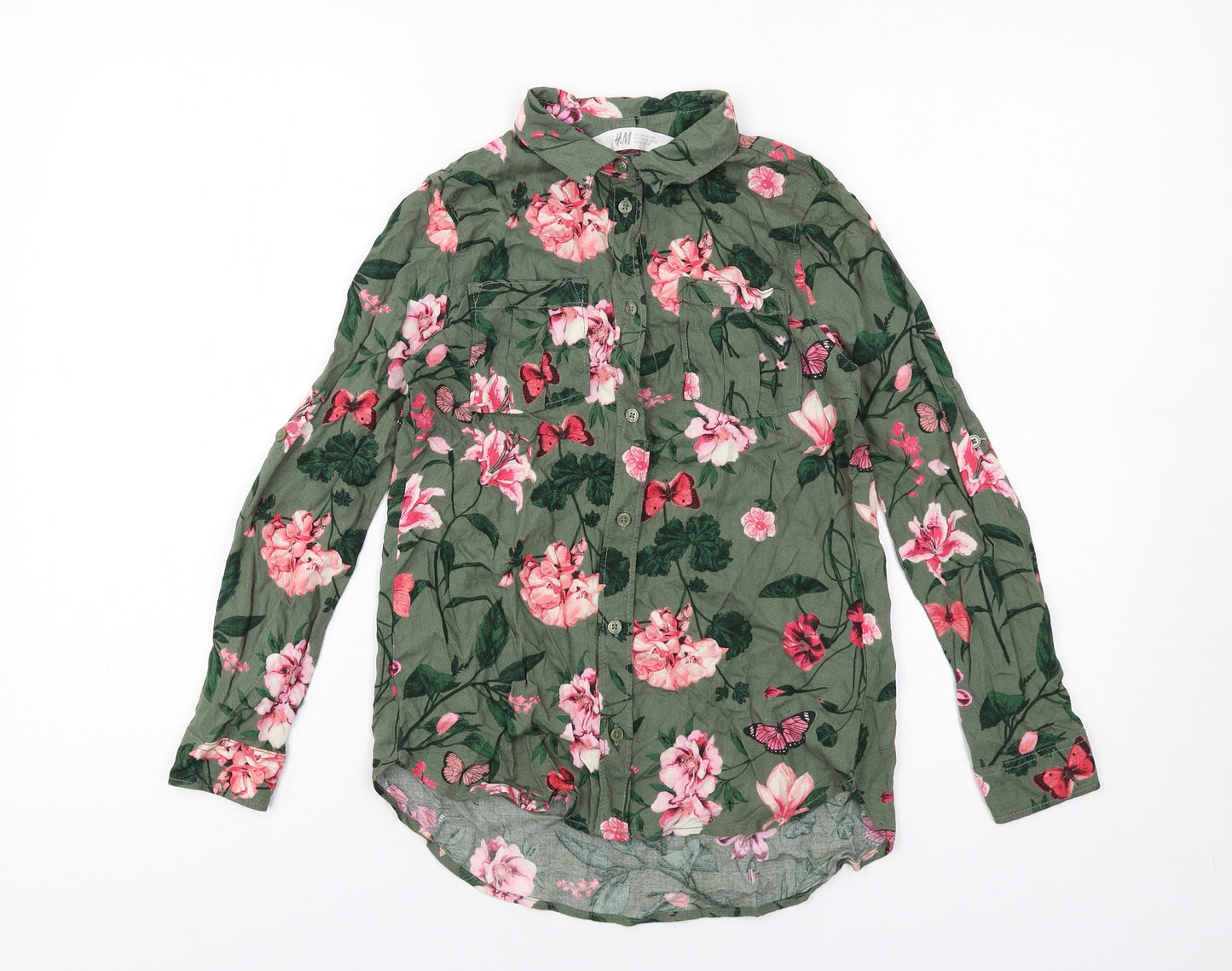 H&M Girls Green Floral Vinyl Basic Button-Up Size 9-10 Years Collared Button