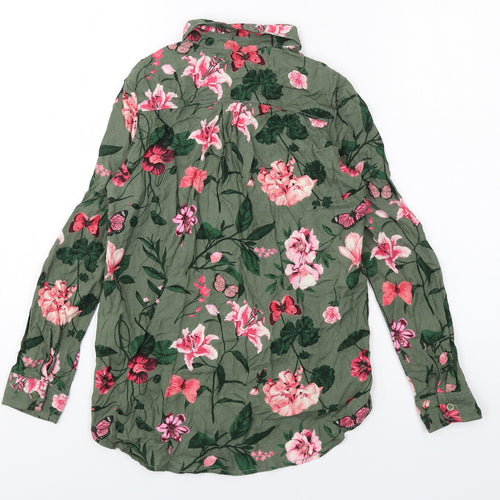 H&M Girls Green Floral Vinyl Basic Button-Up Size 9-10 Years Collared Button