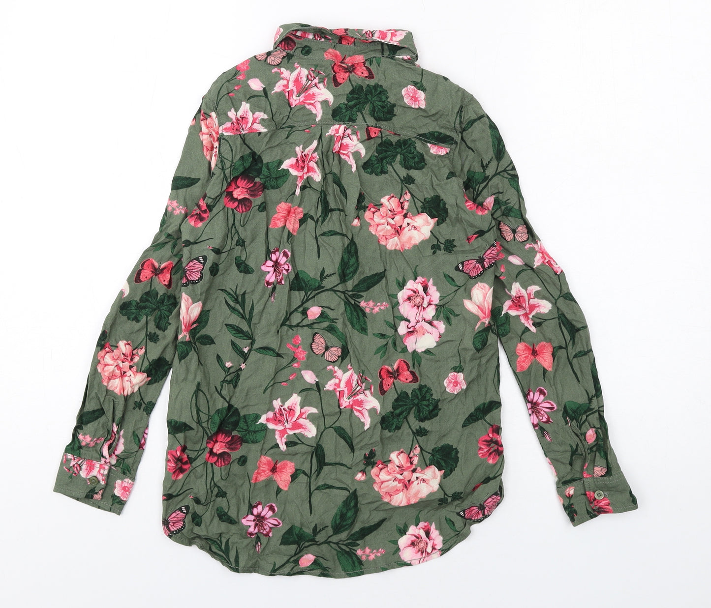 H&M Girls Green Floral Vinyl Basic Button-Up Size 9-10 Years Collared Button