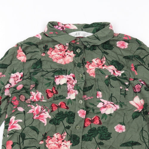 H&M Girls Green Floral Vinyl Basic Button-Up Size 9-10 Years Collared Button