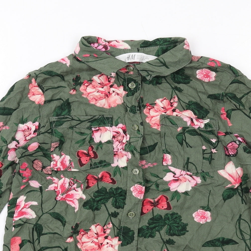 H&M Girls Green Floral Vinyl Basic Button-Up Size 9-10 Years Collared Button