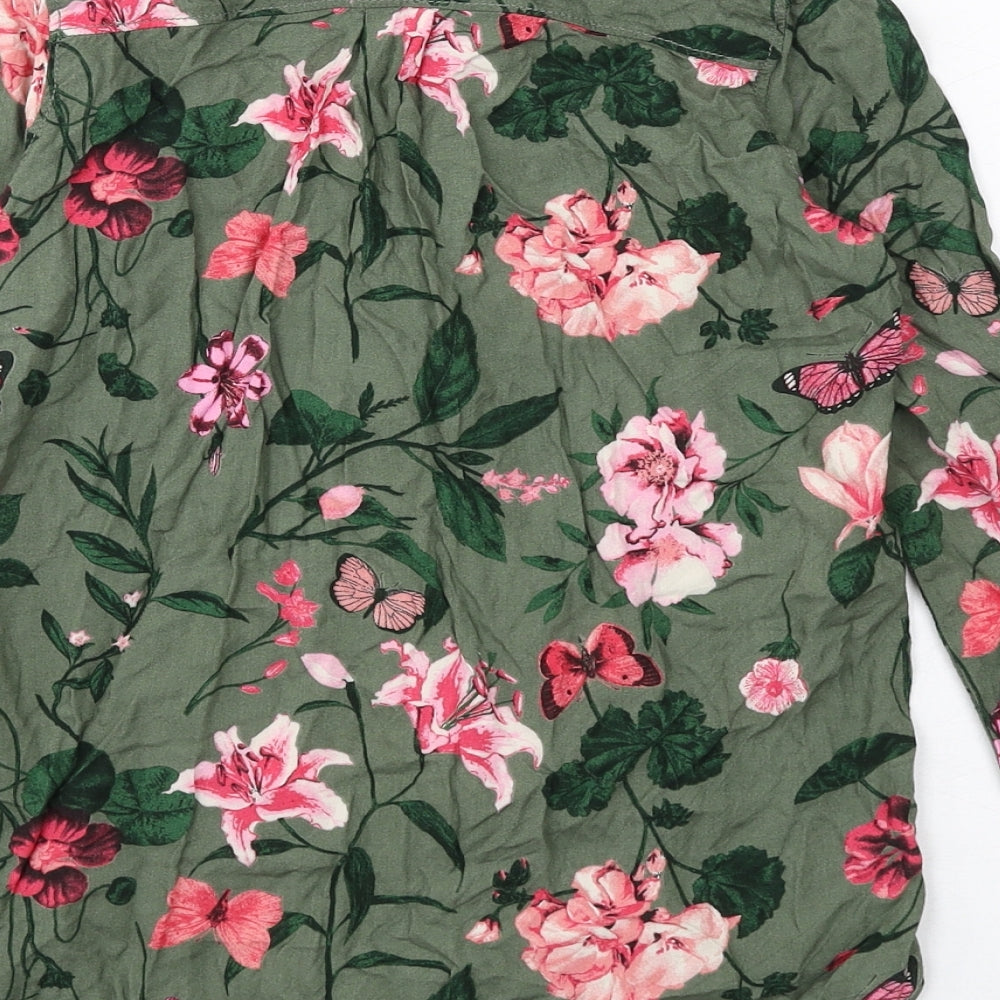 H&M Girls Green Floral Vinyl Basic Button-Up Size 9-10 Years Collared Button