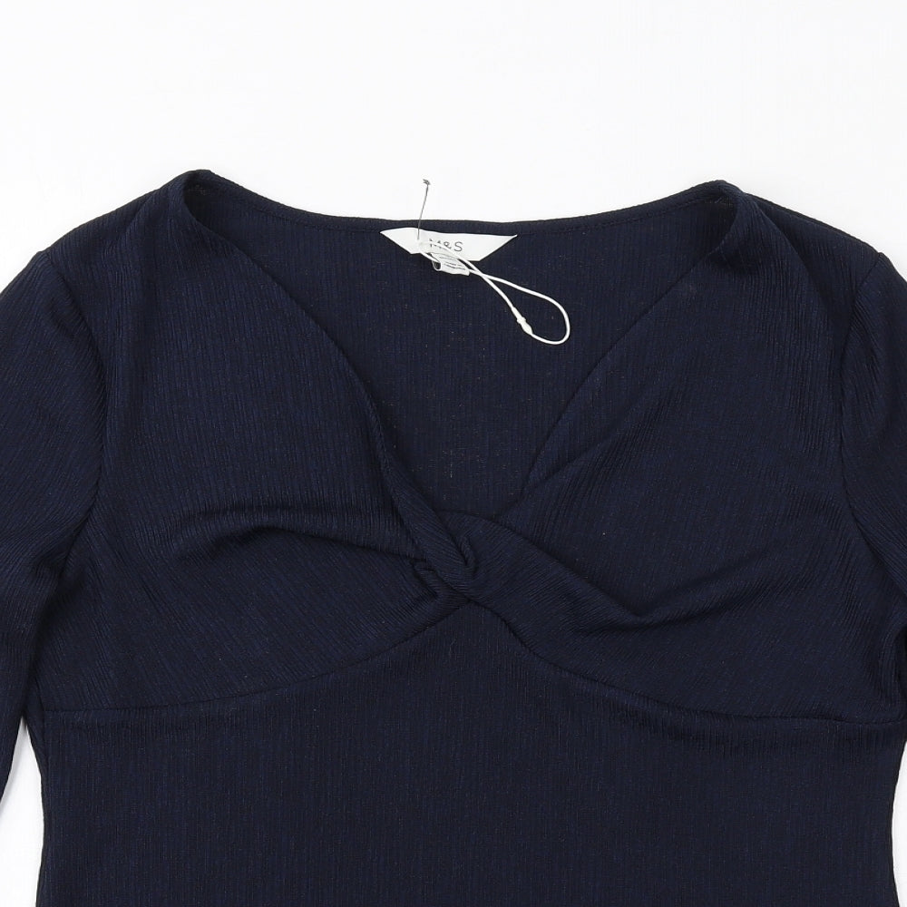 Marks and Spencer Womens Blue Polyester Basic T-Shirt Size 14 V-Neck - Twist Front