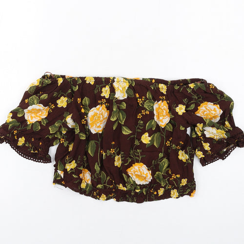 Miss Selfridge Womens Brown Floral Viscose Basic T-Shirt Size 10 Off the Shoulder