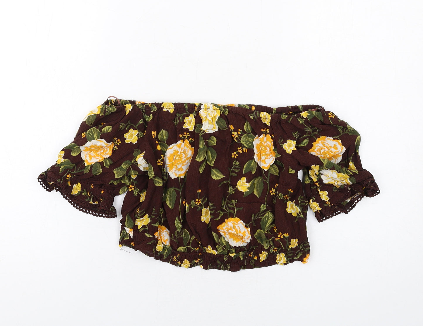 Miss Selfridge Womens Brown Floral Viscose Basic T-Shirt Size 10 Off the Shoulder