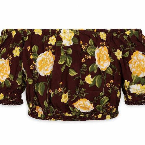 Miss Selfridge Womens Brown Floral Viscose Basic T-Shirt Size 10 Off the Shoulder
