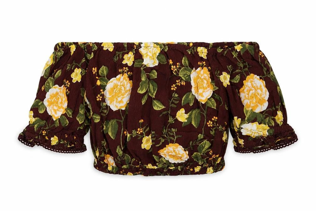 Miss Selfridge Womens Brown Floral Viscose Basic T-Shirt Size 10 Off the Shoulder