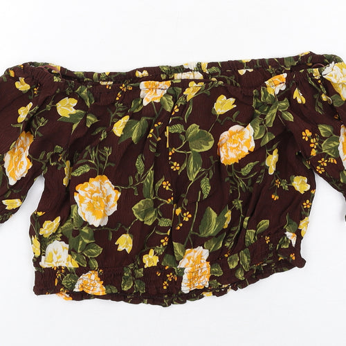 Miss Selfridge Womens Brown Floral Viscose Basic T-Shirt Size 10 Off the Shoulder