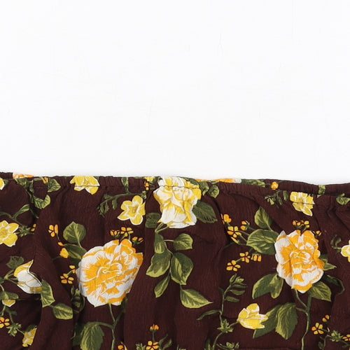 Miss Selfridge Womens Brown Floral Viscose Basic T-Shirt Size 10 Off the Shoulder