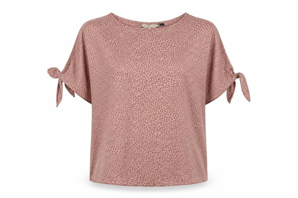 Front view of Dorothy Perkins women’s brown geometric polyester basic t-shirt, size UK 14, round neck