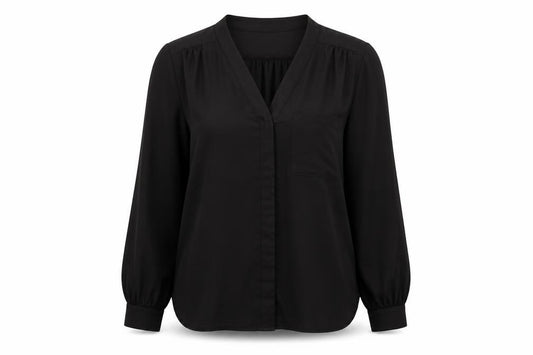 Front view of ASOS women’s black polyester basic button-up, size UK 10, v-neck