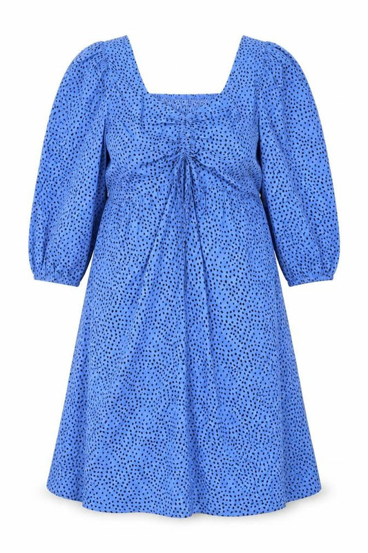 Front view of New Look women’s blue polka dot polyester a-line, size UK 14, v-neck pullover