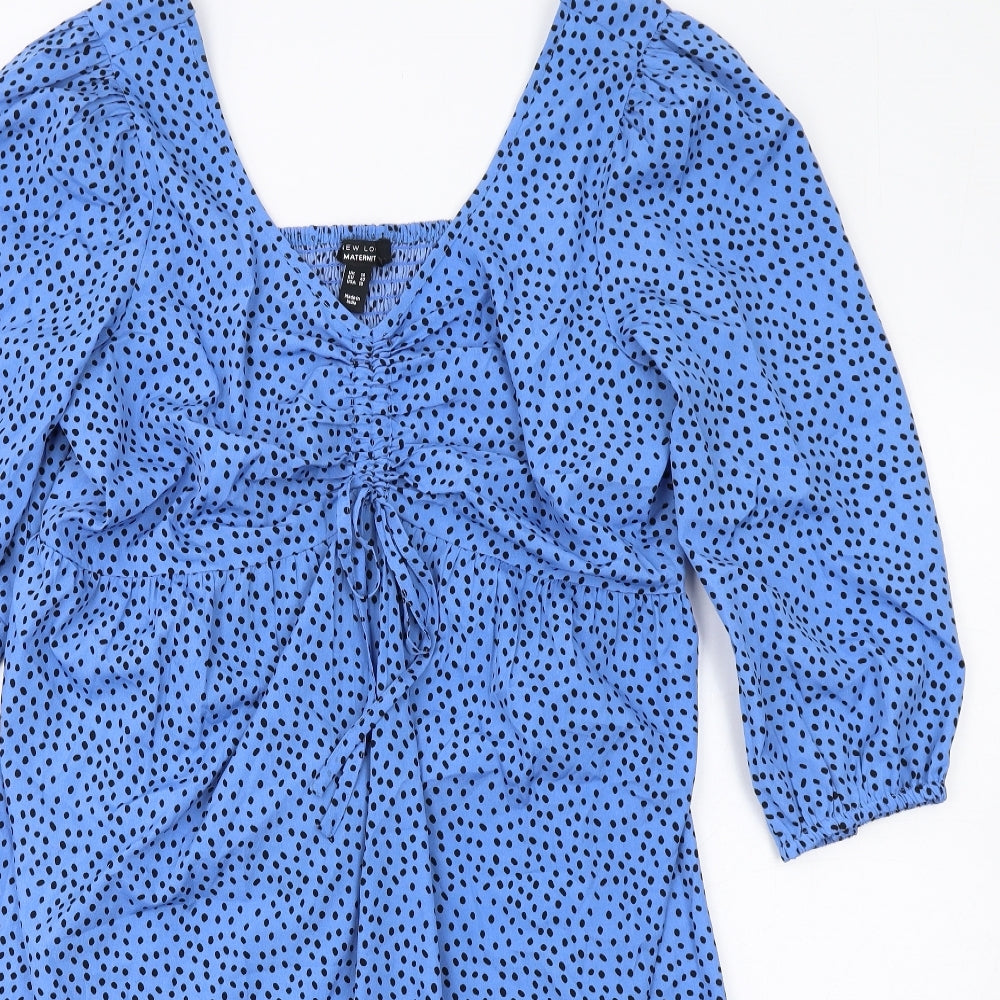 New Look Womens Blue Polka Dot Polyester A-Line Size 14 V-Neck Pullover