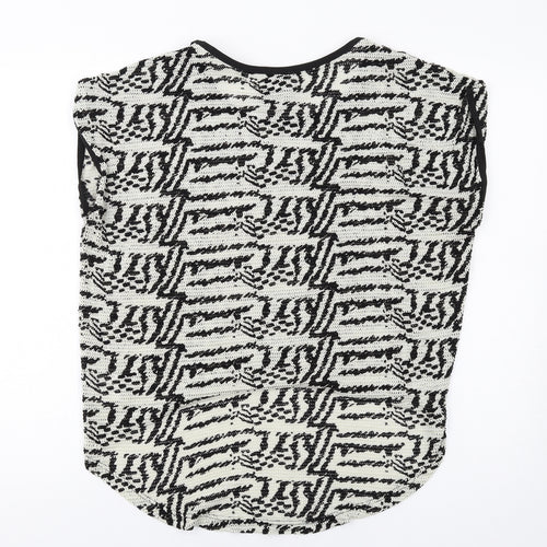 ICHI Womens White Geometric Polyamide Basic T-Shirt Size L Round Neck