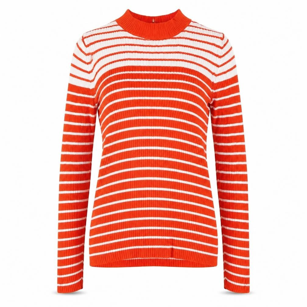 Front view of VILA women’s red mock neck striped viscose jumper, size S