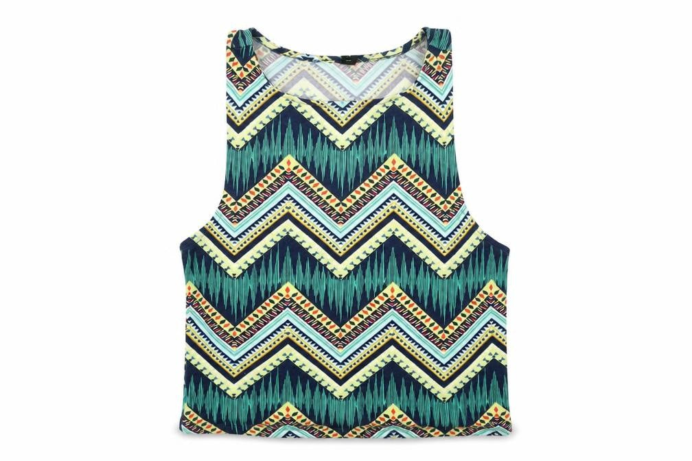 Front view of H&M women’s multicoloured geometric cotton camisole tank, size S, round neck