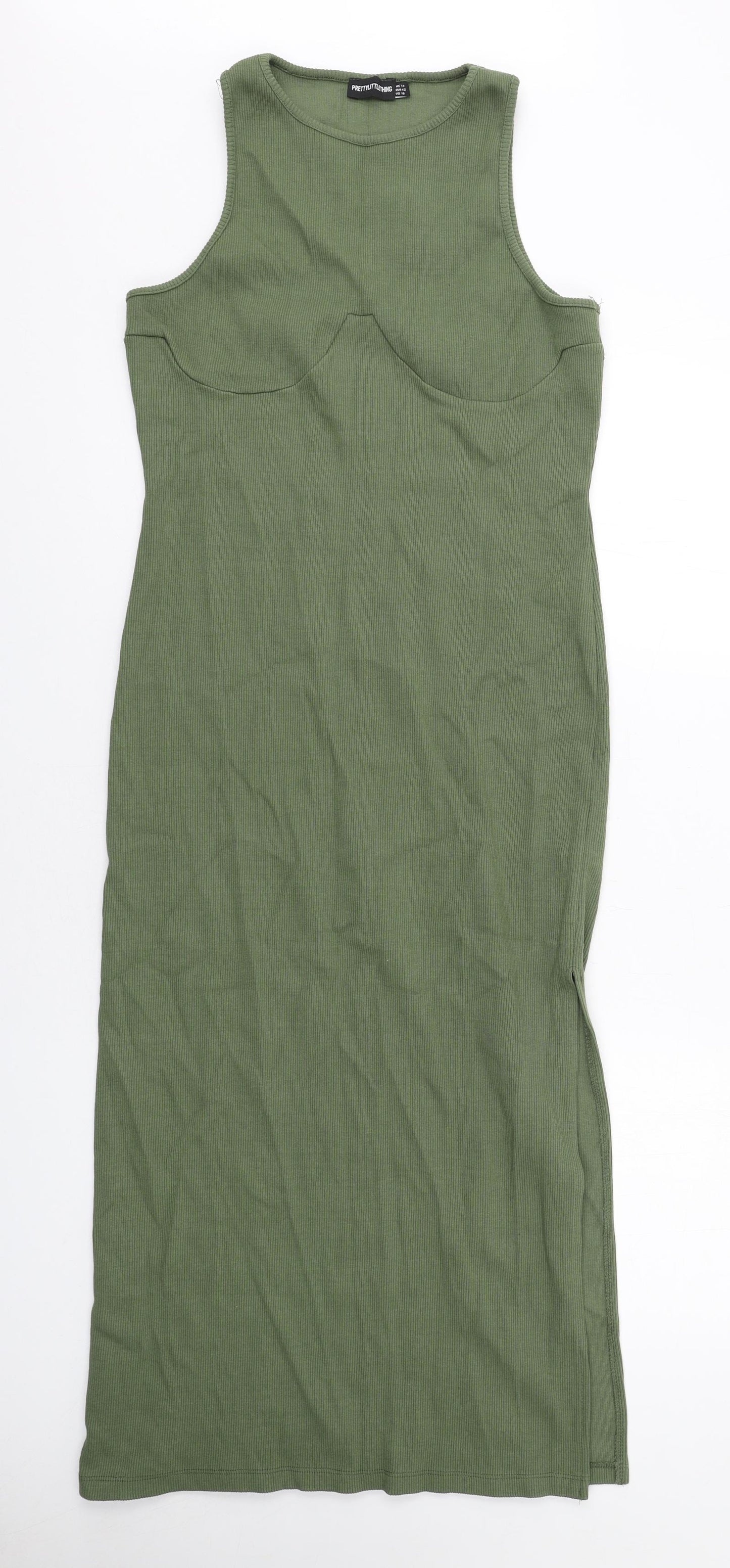 PRETTYLITTLETHING Womens Green Cotton Bodycon Size 14 Round Neck Pullover