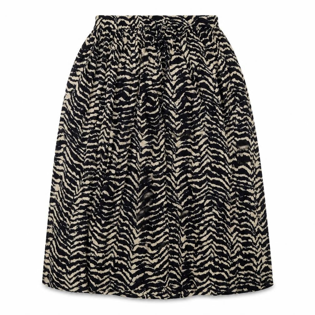 Front view of Orvis women’s black geometric viscose a-line skirt, size L, drawstring