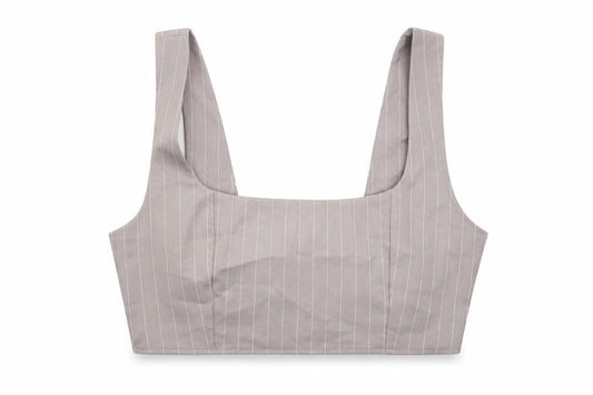 Front view of Missguided women’s grey striped polyester cropped tank, size UK 10, square neck