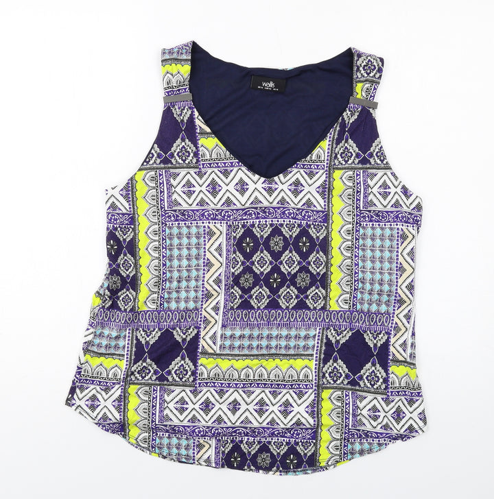 Wallis Womens Multicoloured Geometric Viscose Basic Tank Size 14 Scoop Neck
