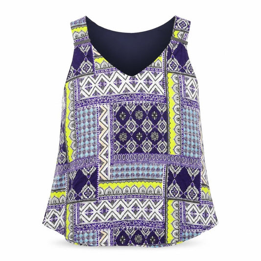 Front view of Wallis women’s multicoloured geometric viscose basic tank, size UK 14, scoop neck