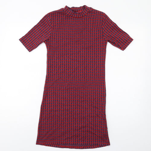 Topshop Womens Red Geometric Polyester A-Line Size 6 Mock Neck Pullover