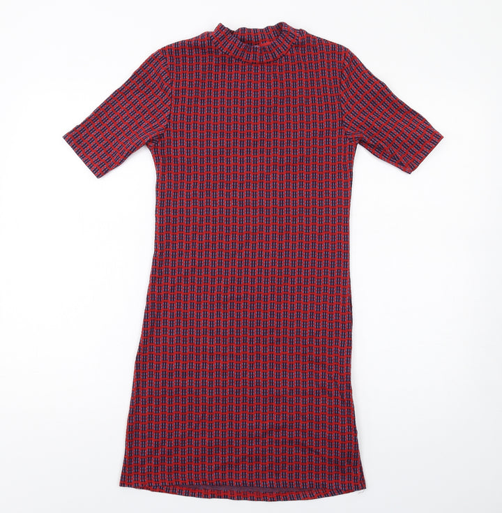 Topshop Womens Red Geometric Polyester A-Line Size 6 Mock Neck Pullover