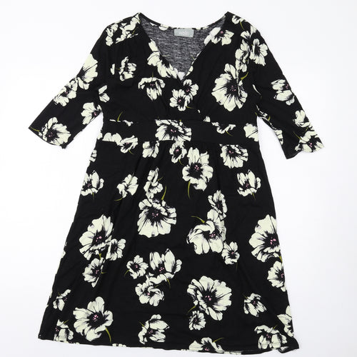 Wallis Womens Black Floral Viscose A-Line Size 14 V-Neck Pullover