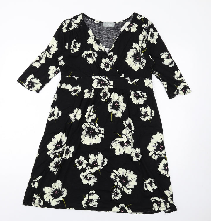 Wallis Womens Black Floral Viscose A-Line Size 14 V-Neck Pullover