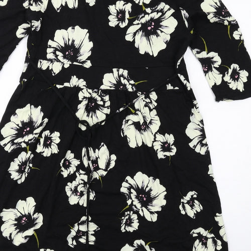 Wallis Womens Black Floral Viscose A-Line Size 14 V-Neck Pullover
